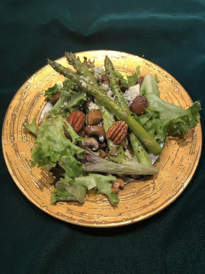 Roasted Asparagus and Mushroom Salad with Toasted Pecans, Blue Cheese, and Chile-Mustard Vinaigrette